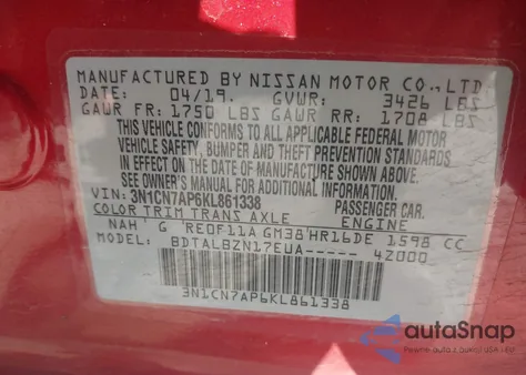 2019 Nissan Versa 1.6 Sv from USA, damaged, VIN 3N1CN7AP6KL861338